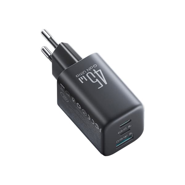 USB-C iPhone Lightning USB-A GaN 45W Vægoplader - Sort