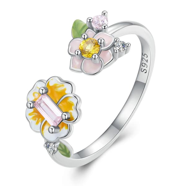 Anillo ajustable de plata con flores en plata S925