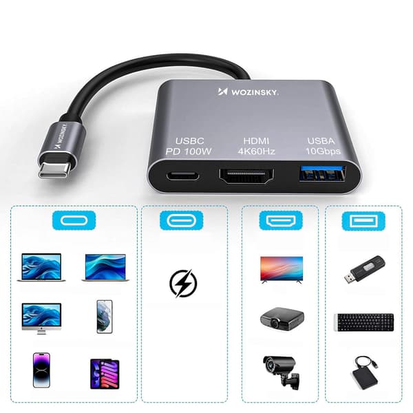 USB-C Jakohub USB-C USB-A HDMI PD 10 Gb/s 4K - harmaa