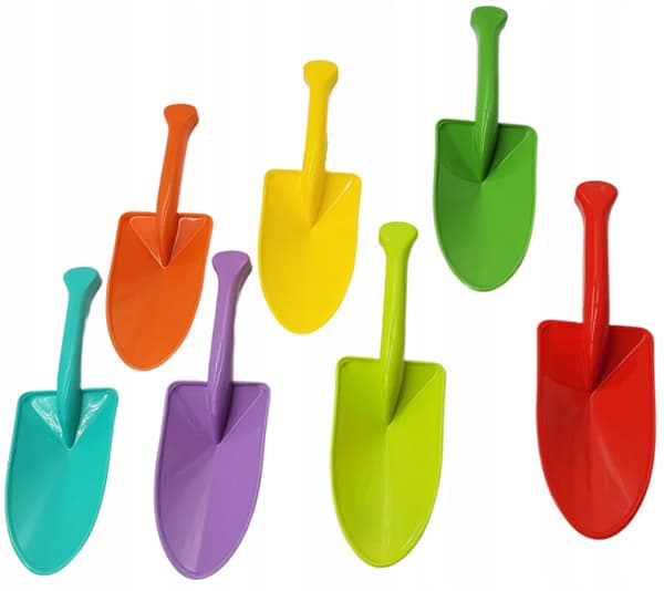 SÆT MED 10 FARVERIGE SANDSKOVLE 27 cm SOLID strandspade