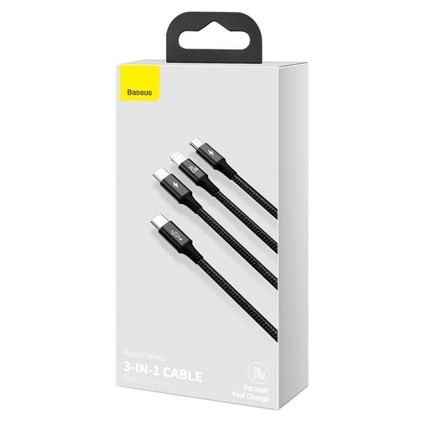 3in1-kaapeli USB-C - USB-C / iPhone Lightning / microUSB 20W PD 1.5m - musta