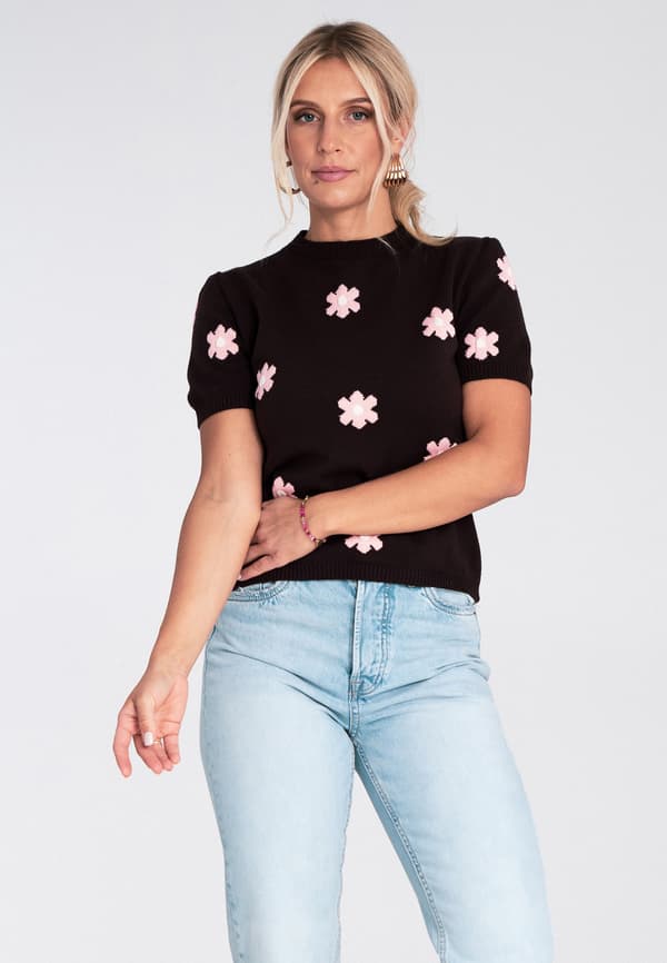Kortärmad blommig tröja brun storlek M