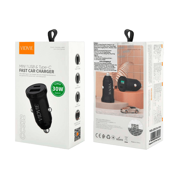 30W USB + USB Type-C biloplader med PowerDelivery og QuickCharge