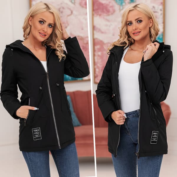 Slimming parka overgangsjacka med hætte forårs 3XL sort
