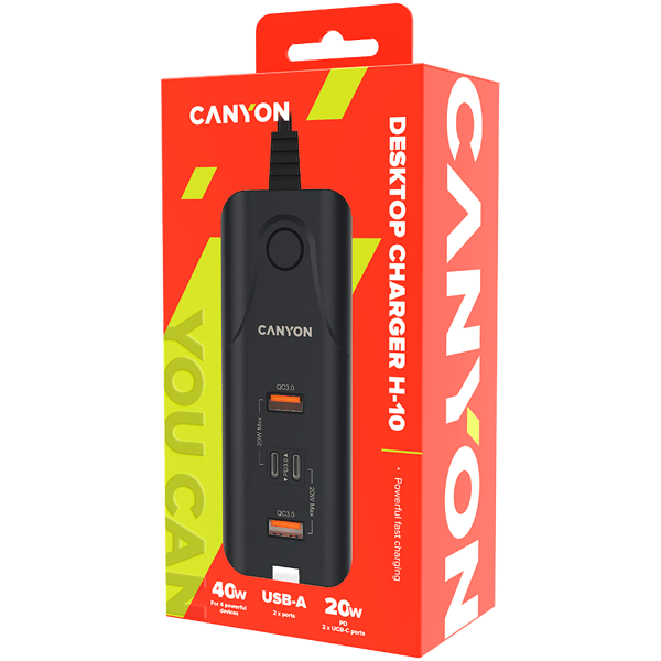 CANYON H-10 PD 20W QC 3 18W 2USB-A 2USB-C Bordoplader Sort