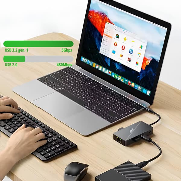 USB-C HUB 3*USB-A + USB-C strømforsyning + RJ45 + HDMI