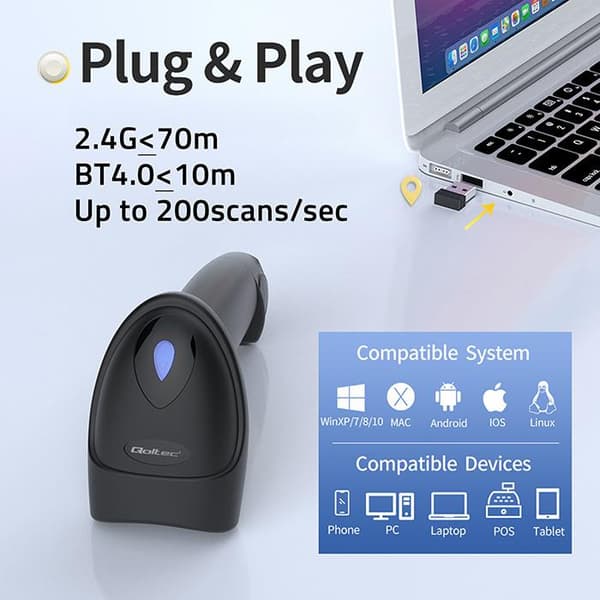 Qoltec streckkods- och QR-läsare | 1D 2D | USB | Bluetooth