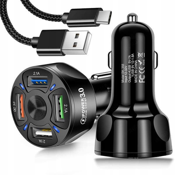 HURTIG BILOPLADER 4xUSB QC 3.0 + KABEL Koanni