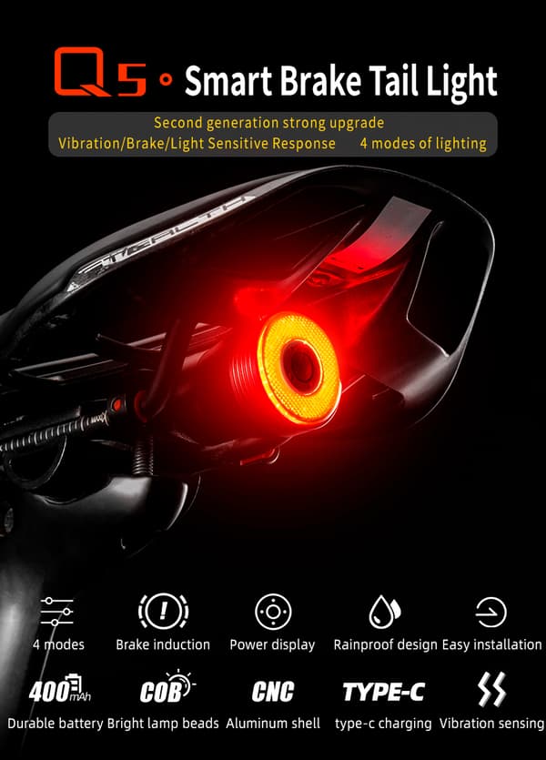 Q5 Baglygte til Cykel med Intelligent Stopsystem - Sort