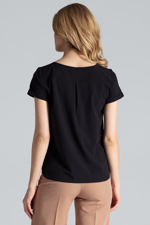 Enkel damebluse med V-hals, sort, størrelse M