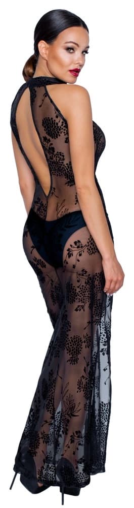 Noir Transparent Blomsterprint Lang Kjole Sort XL