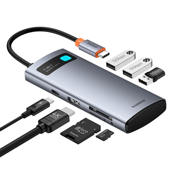 7in1 HUB-sovitin Metal Gleam USB-C HDMI USB-A USB-C PD SD microSD - harmaa