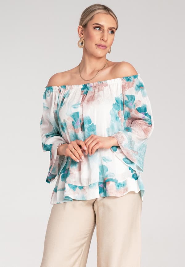 Blommig bluse med puffærmer - Turkis S/M