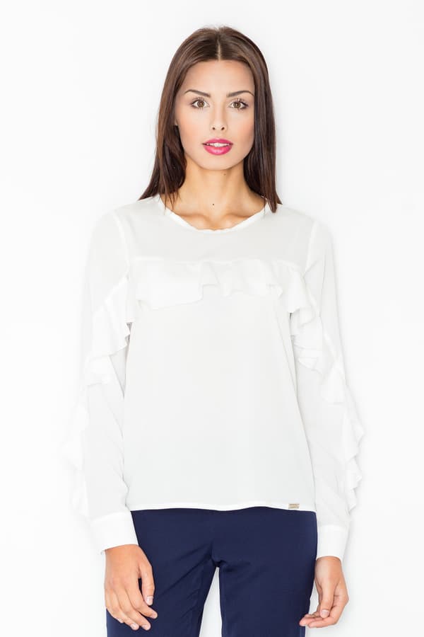 Elegant bluse med flæser ecru størrelse L