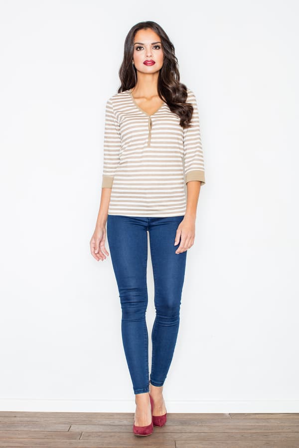Randig bluse til kvinder - langærmet randig bluse - beige bluse størrelse S