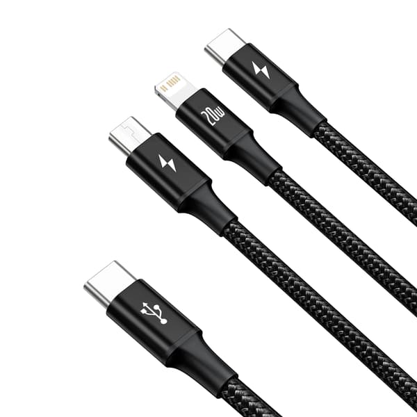 3in1-kaapeli USB-C - USB-C / iPhone Lightning / microUSB 20W PD 1.5m - musta