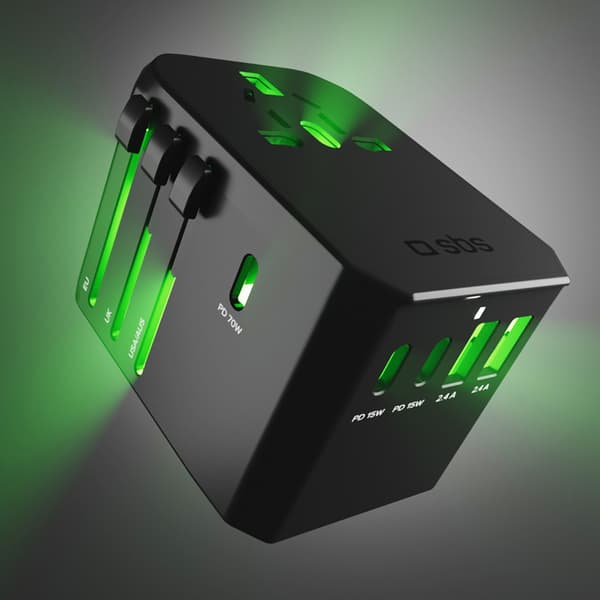 Rejseadapter EU UK US AUS USB-C USB-A GaN 70W - Sort