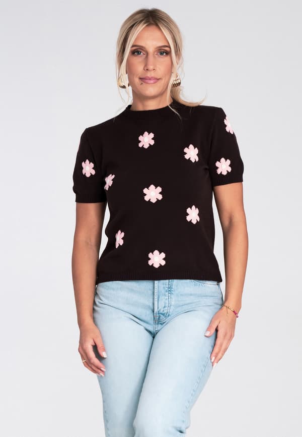 Kortärmad blommig tröja brun storlek M