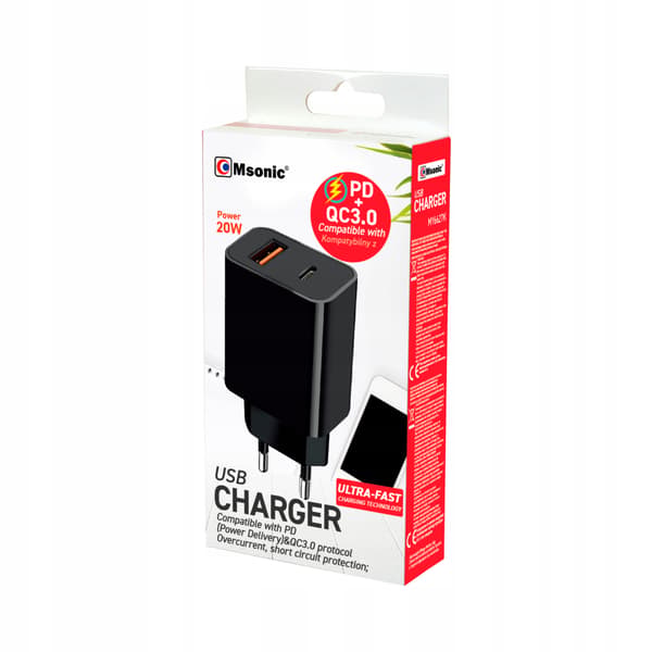 Msonic MY6635K USB + USB-C vægoplader