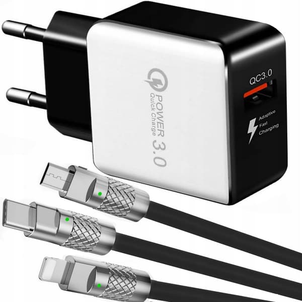 Nopea QC 3.0 -seinälaturi + suojattu kaapeli iPhonelle micro USB-C 3in1