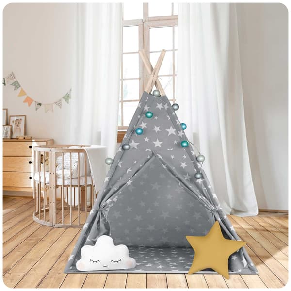 Nukido lasten teepee-teltta valoilla - harmaa tähdillä