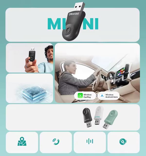Ottocast Mini 2-in-1 langaton sovitin CarPlay / Android Auto CA505-T