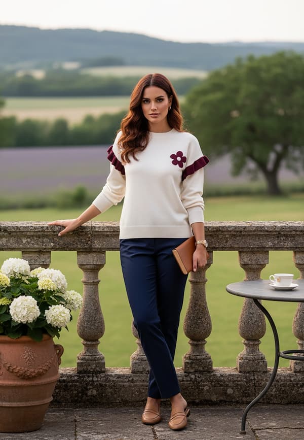 Bluse med flæser og blomster - hvid ecru bluse størrelse M