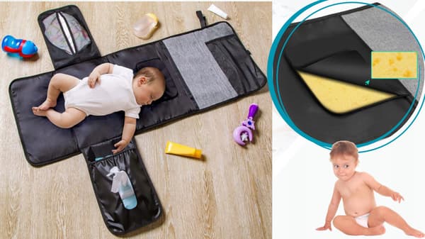 Foldbar rejse-skiftemåtte til spædbørn med organizer