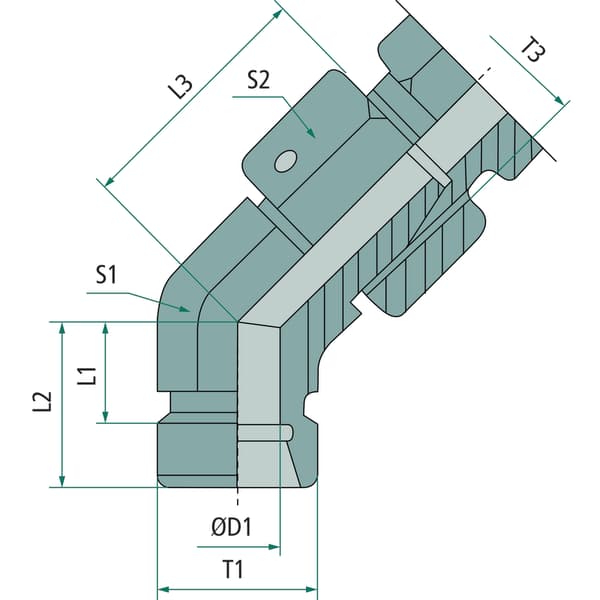 Hydraulinen kulmaliitin 20S M30x2 400bar 45astetta