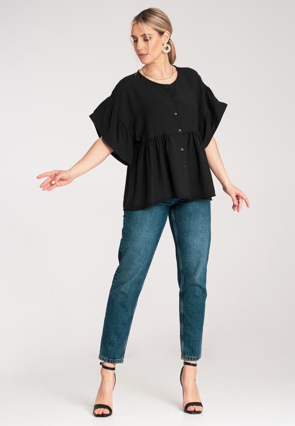 Bluse med flæser - Damebluse - Sort bluse M1211 størrelse S/M