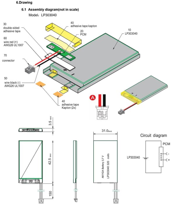 BATTERI Li-Poly 320mAh 3,7V JST-2-ben