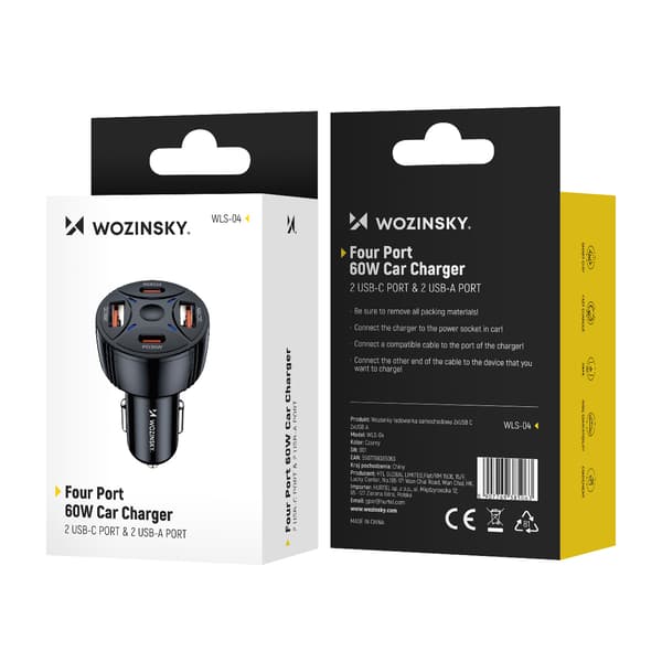 Billaddare 2xUSB-C 2xUSB-A 60W - svart