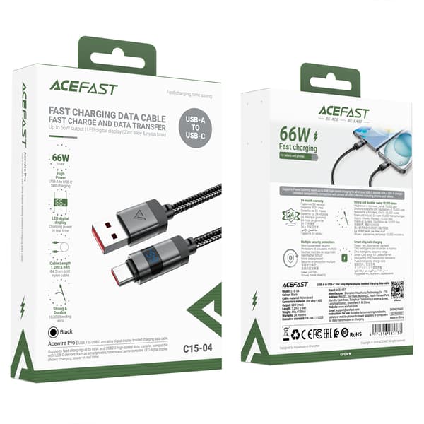 USB-A - USB-C kabel med display 480Mb/s 66W 1,2m - sort