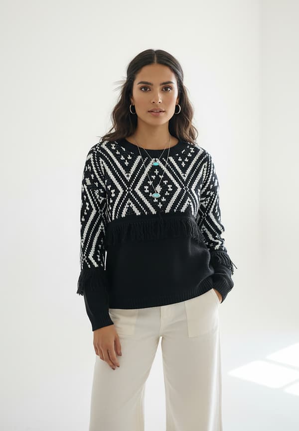 Boho bluse med frynser - Sort bluse str. M