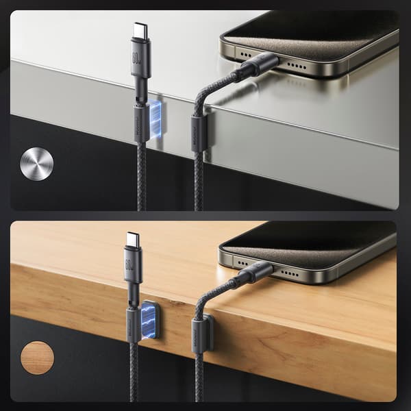 USB-C - USB-C kabel med organizer og magnetisk holder 1,2m - grå