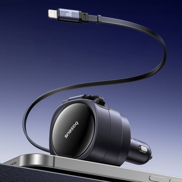 Biloplader med udtrækkelige USB-C iPhone Lightning-kabler 60W - Sort