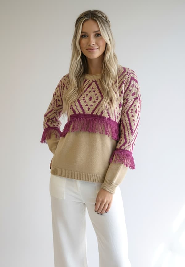 Boho-neule hapsuilla - Boho-neule - Beige neule M1265 koko S