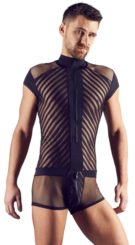 Svenjoyment Herre Mesh Bodysuit med Sorte Stropper og Lynlås L