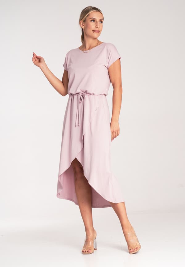 Asymmetrisk midikjole med bindebånd - rosa størrelse L