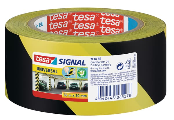 Tesa itseliimautuva varoitusteippi keltainen ja musta 66 m x 50 mm