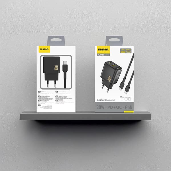 USB-A USB-C vægoplader med USB-C GaN PD 30W kabel - Sort