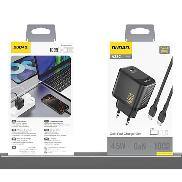 GaN vægoplader med USB-C kabel 45W - Sort