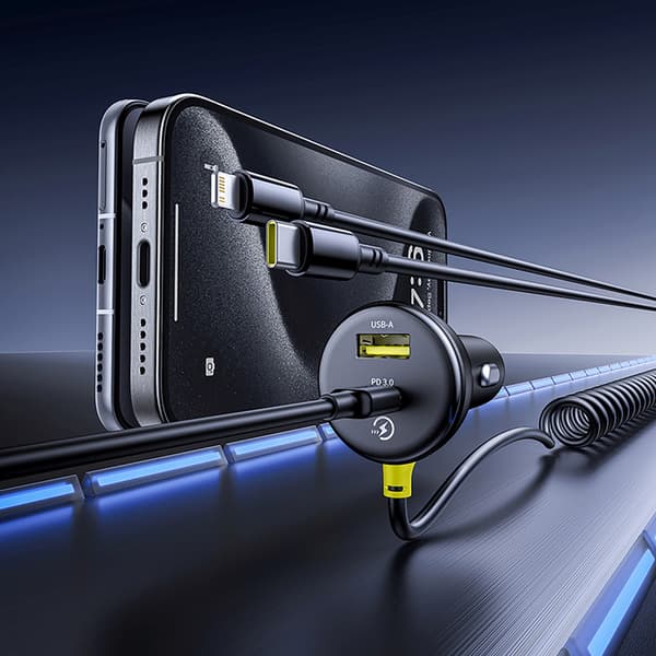 USB-A USB-C Biloplader med iPhone Lightning USB-C Kabel 60W 1,4m - Sort