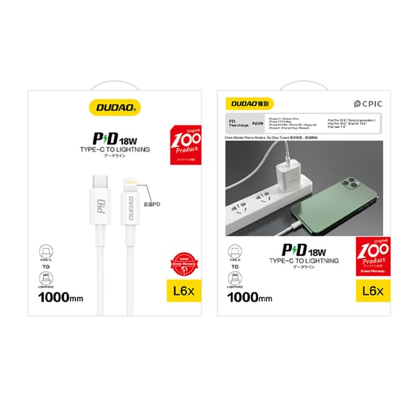 L6X USB-C - iPhone Lightning PD 20W 1m Kabel - Vit