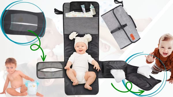 Foldbar rejse-skiftemåtte til spædbørn med organizer