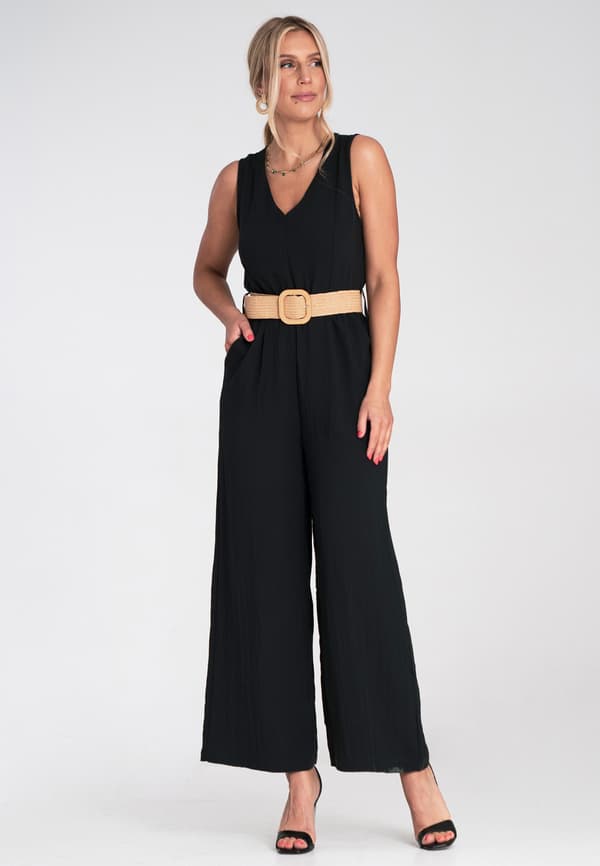Damjumpsuit med vide ben, bælte, sort, størrelse S/M