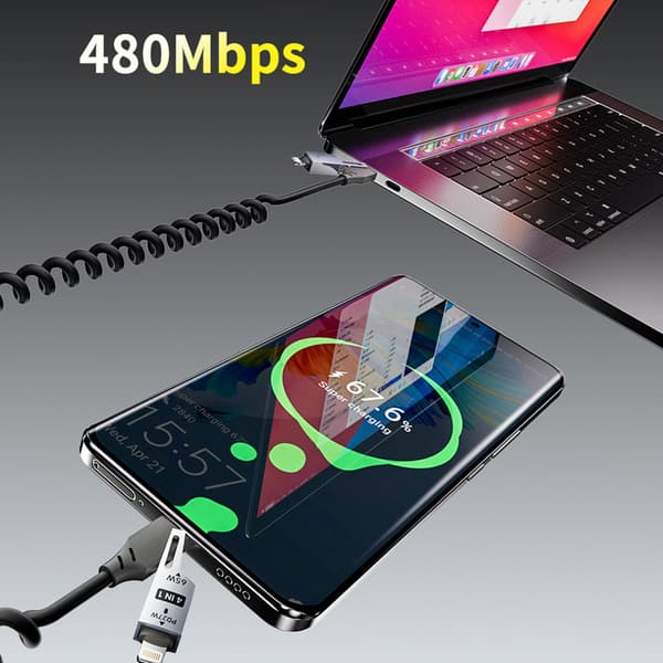 4-i-1 spiralkabel USB-A / USB-C - Lightning / USB-C - svart
