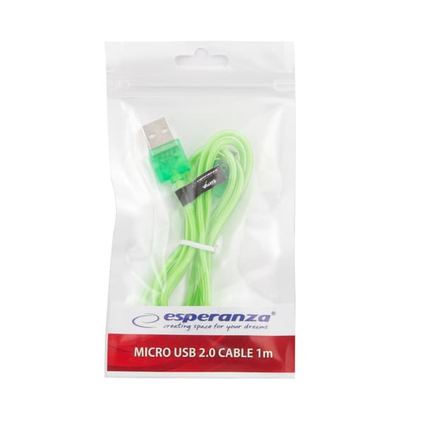 ESPERANZA EB184G MICRO USB 2.0 KAAPELI AB M/M 1.0M VIHREÄ LÄPINÄKYVÄ