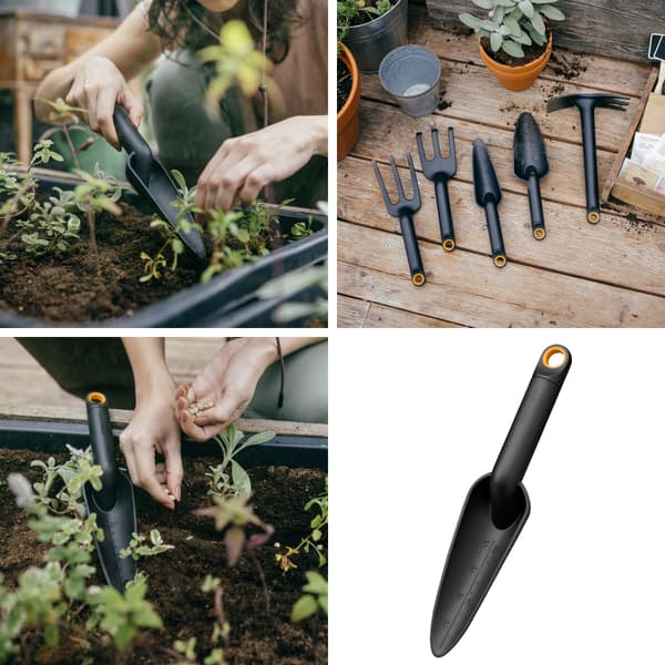 FISKARS SOLID Liten smal trädgårdsspade med måttband för plantering av växter