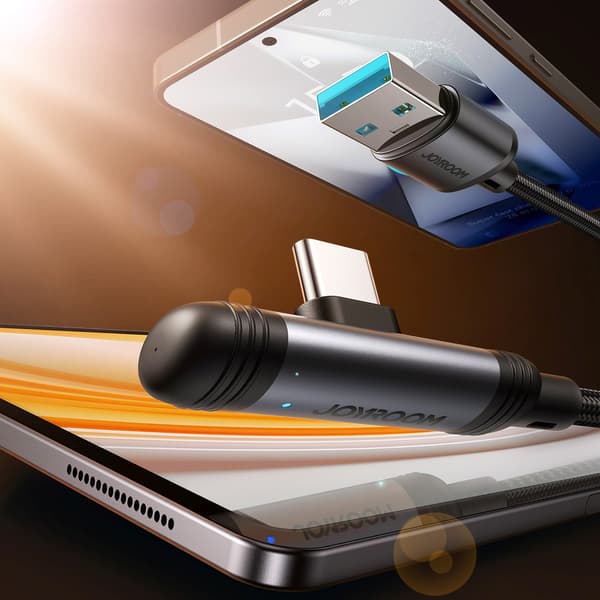 USB-A USB-C 3A 1.2m Kulmakaapeli - Musta
